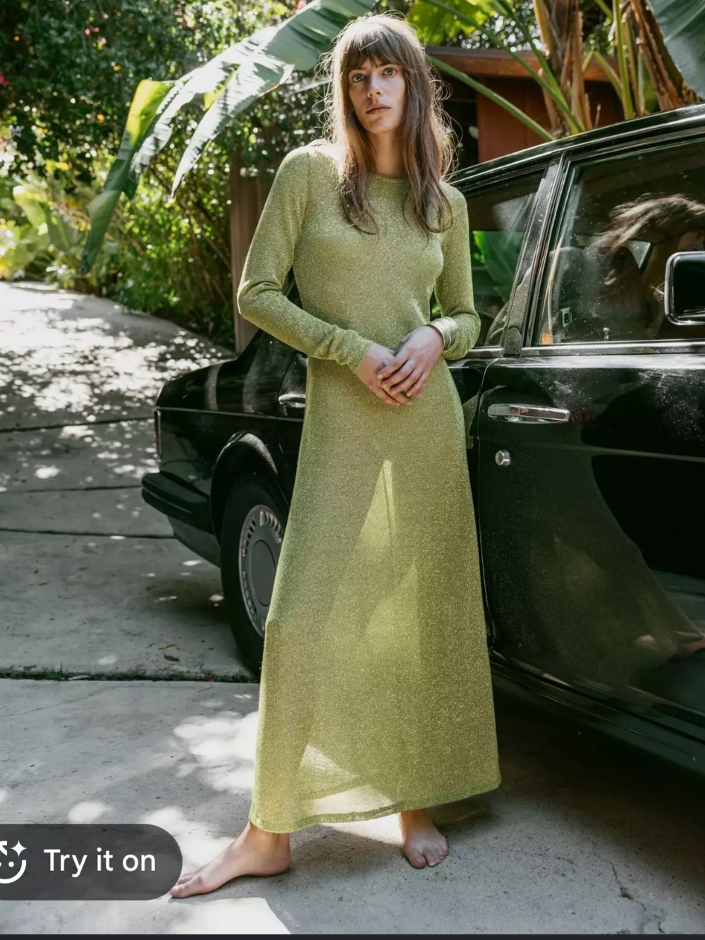 Zara Long Sleeve Green Shimmer semi-sheer Maxi Dress